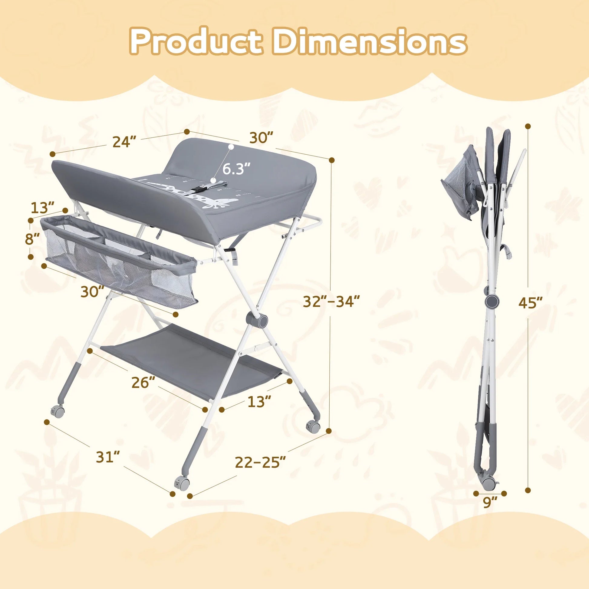 Compact nursery furniture: collapsible baby changing table with compartments and smooth-rolling wheels.