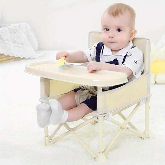 Portable foldable baby high chair with tray and carry bag, ideal for travel and feeding.