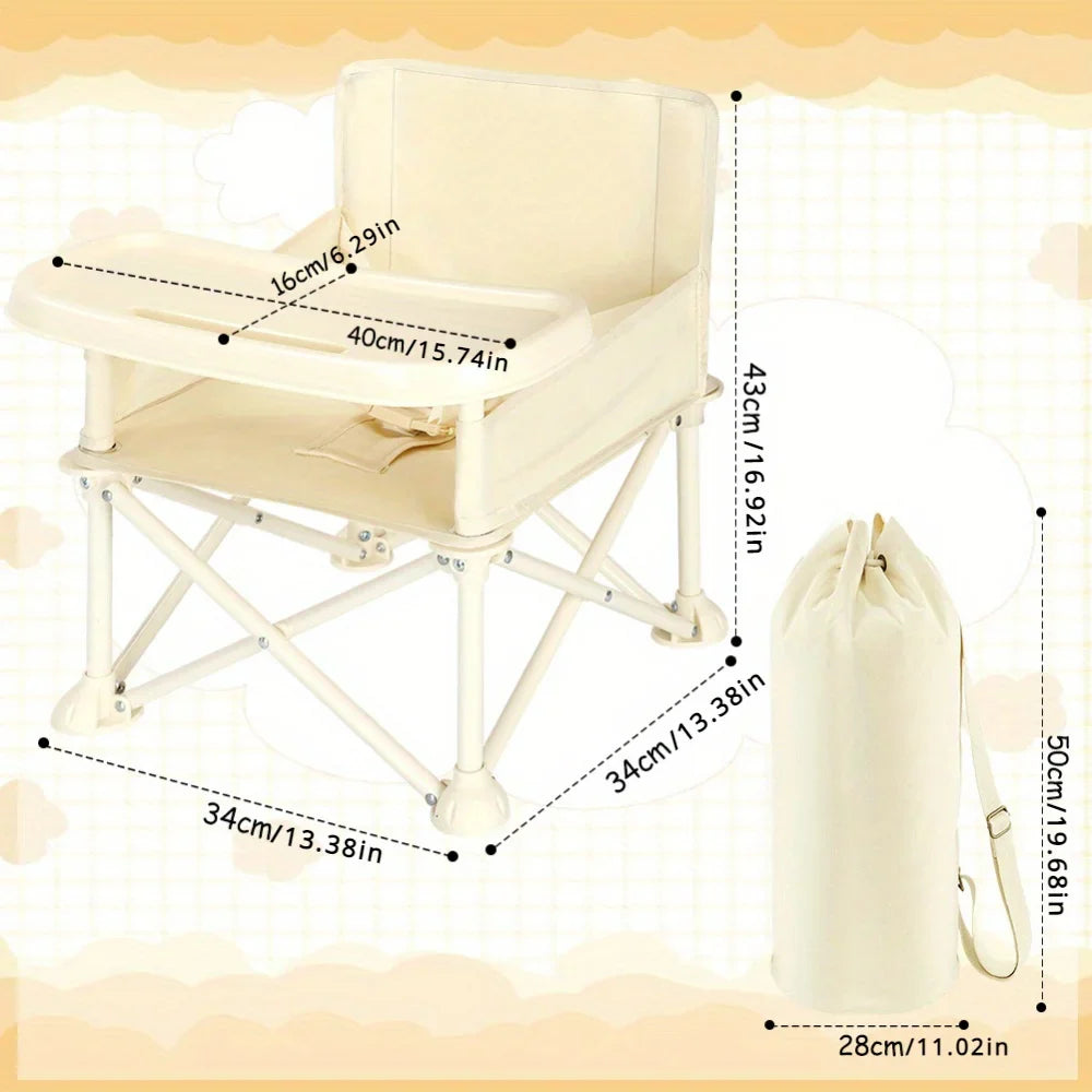 Compact travel high chair with removable tray and storage bag, perfect for infants.