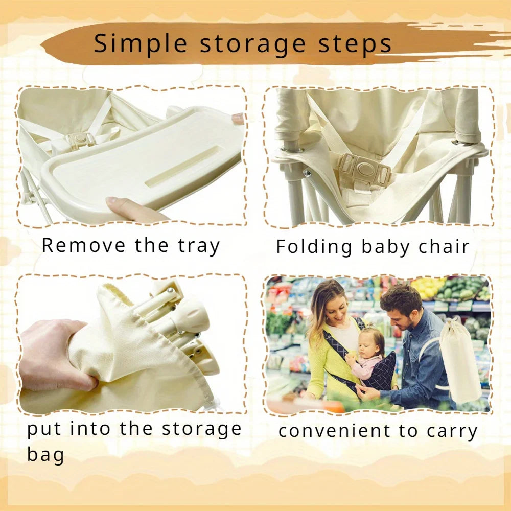 Baby feeding high chair, portable and foldable, with a washable tray and discreet carry bag.