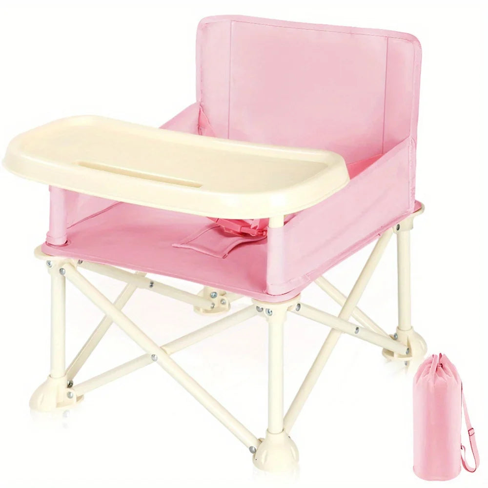 Kids furniture: compact, foldable high chair with safety belt, tray, and travel bag.