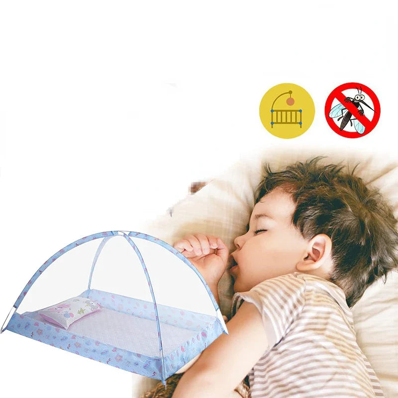Portable foldable baby mosquito net bed dome, ideal for infant travel safety and sleep, white mesh.
