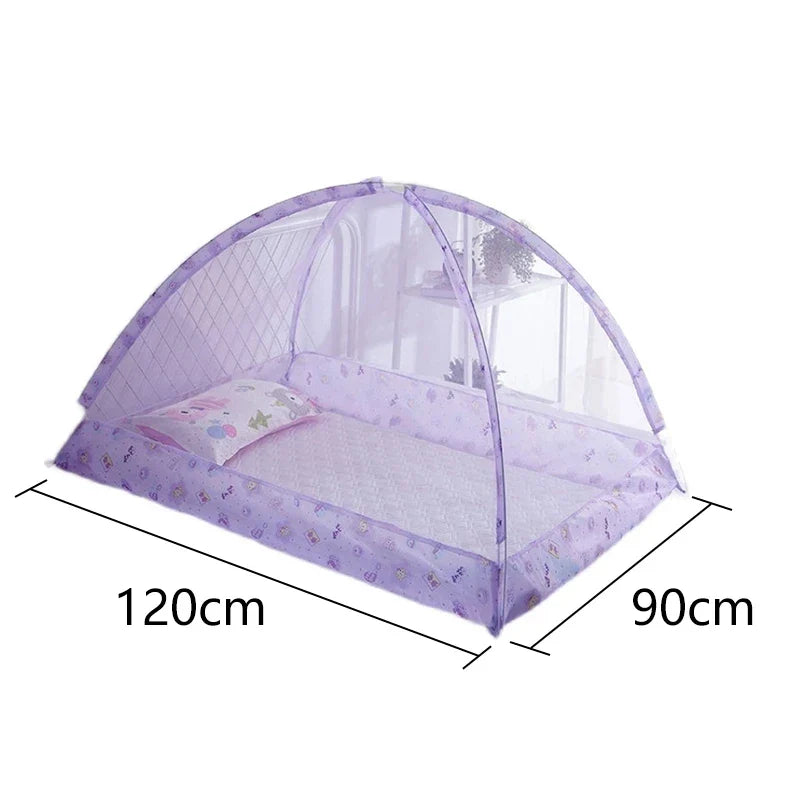 Baby portable crib with mosquito net dome, ensuring baby safety and protection from insects, foldable design.