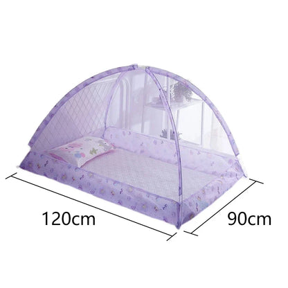 Baby portable crib with mosquito net dome, ensuring baby safety and protection from insects, foldable design.