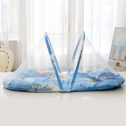 Foldable baby mosquito net, compact and portable, featuring fine mesh for crib insect protection.