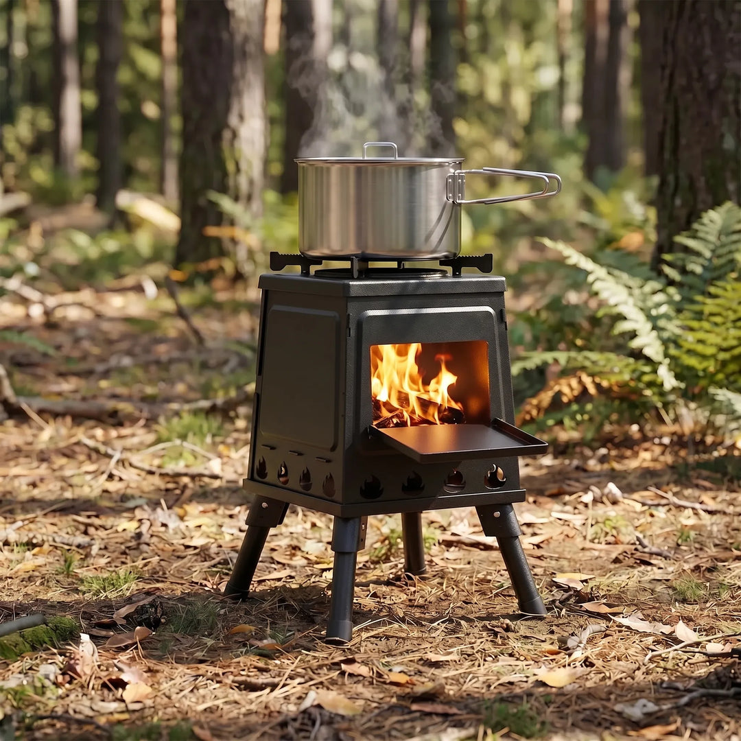 Portable folding carbon steel camping stove for easy transport & outdoor cooking. Compact camp gear.