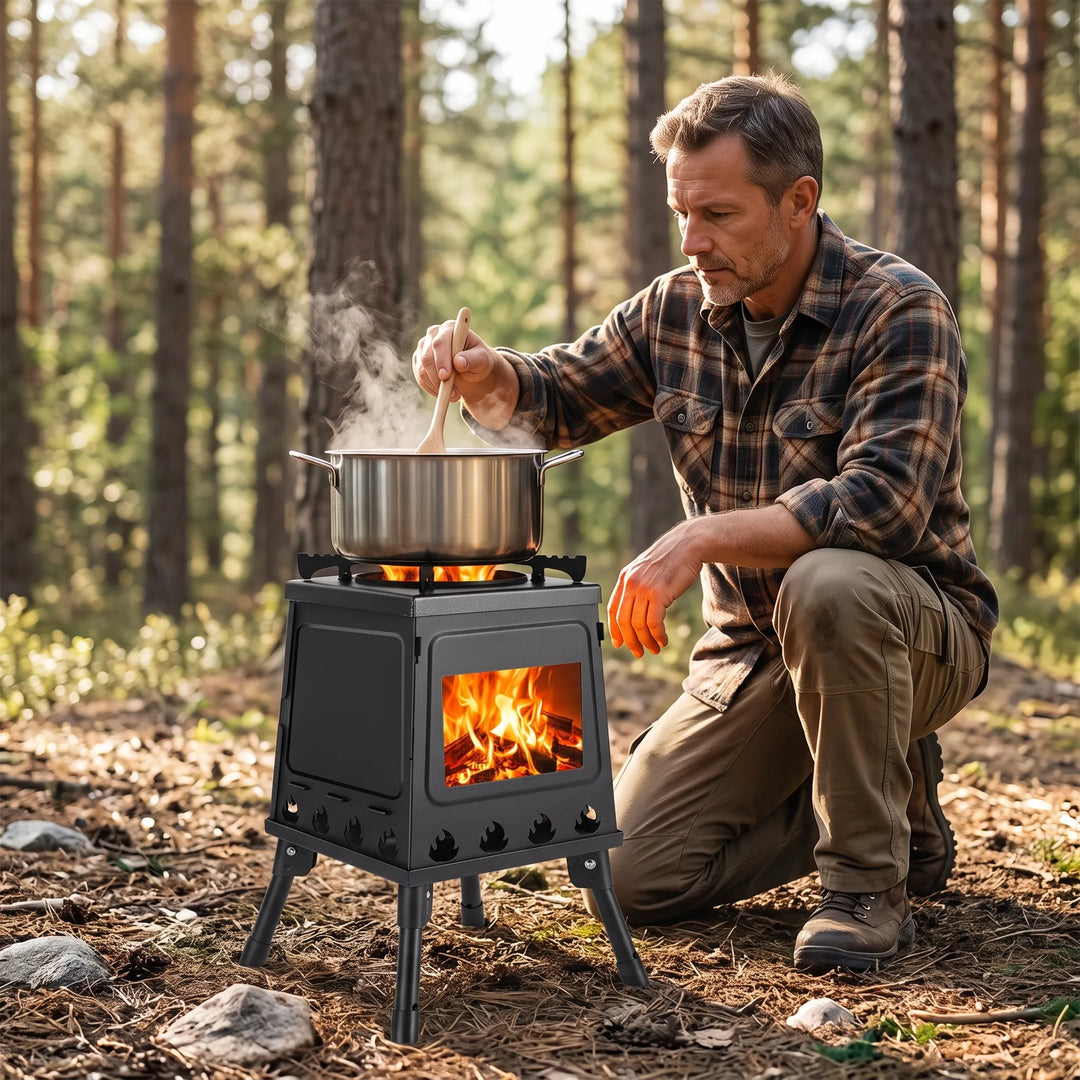 Unfolded carbon steel portable camping stove, ready for outdoor cooking adventures & hiking.