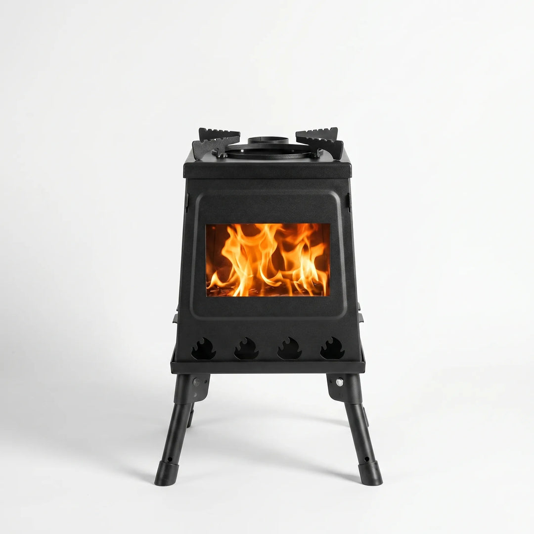 Durable folding camping stove in use, perfect for outdoor cooking, hiking & camp meals. Carbon steel design.