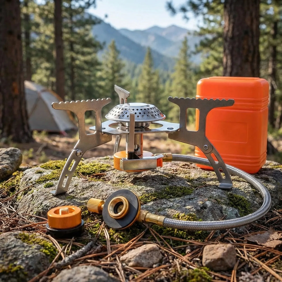 Portable folding gas camping stove for outdoor cooking, perfect for hiking and backpacking adventures.