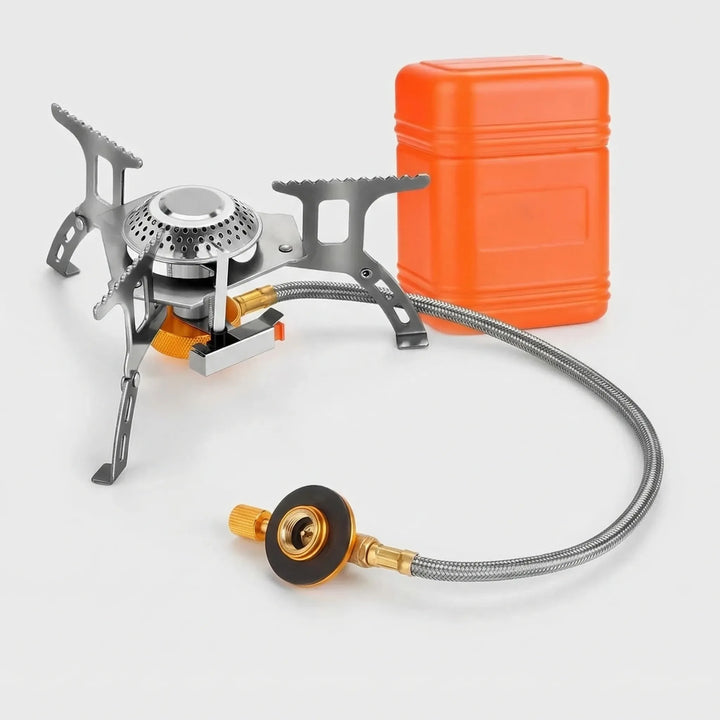 Compact gas camping stove, foldable design for easy travel and cookouts. Ideal for quick outdoor meals.