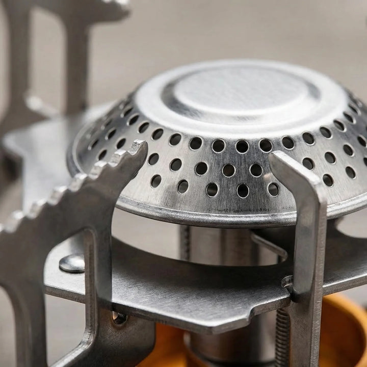 Durable outdoor gas stove, quickly folds for easy transport. Essential gear for camping and backpacking cooking.