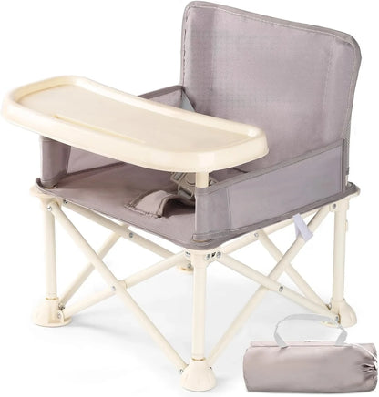Portable folding travel high chair with detachable tray, perfect for baby feeding on the go.