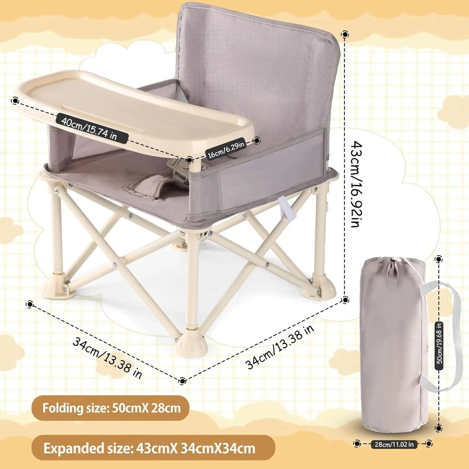 Unisex travel high chair, foldable & compact for outdoor dining and camping with toddlers.