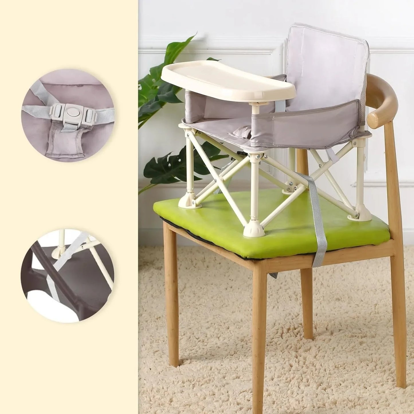 Baby feeding seat, portable high chair with safety belt and detachable tray for easy cleaning.