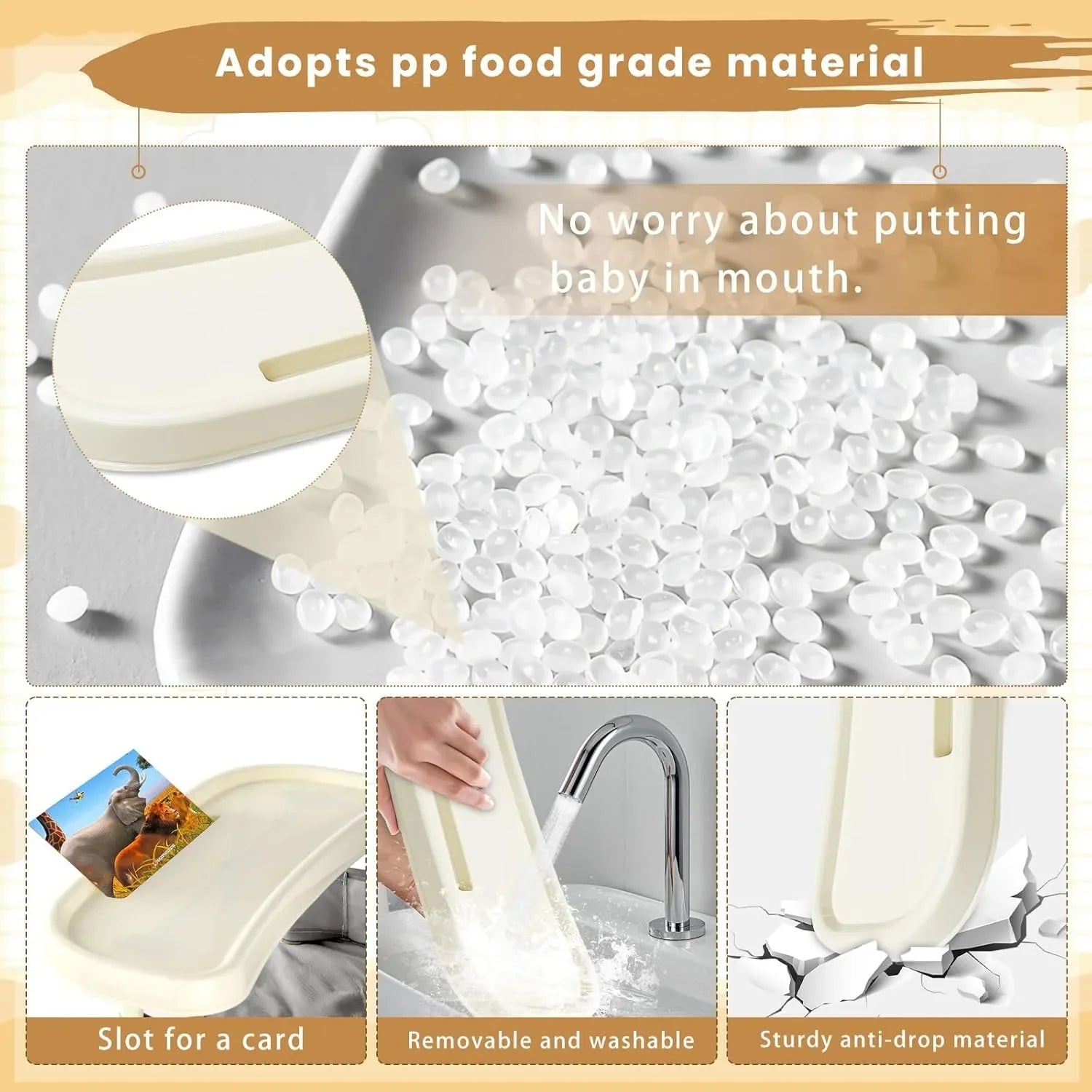 Foldable high chair for travel, features a secure safety belt and convenient detachable tray.