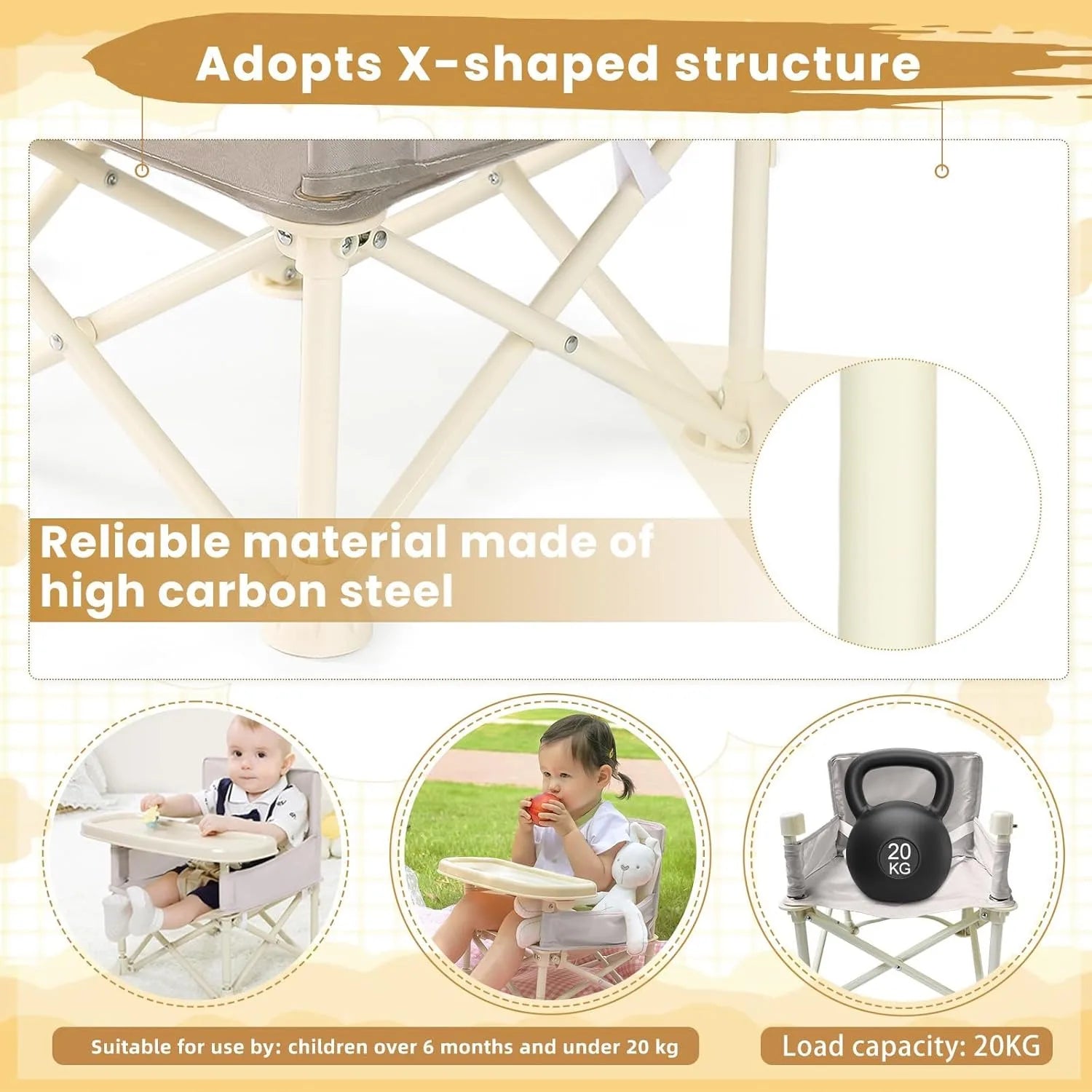 Compact portable high chair for toddlers, ideal for camping gear and outdoor family meals.