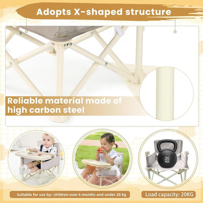 Compact portable high chair for toddlers, ideal for camping gear and outdoor family meals.