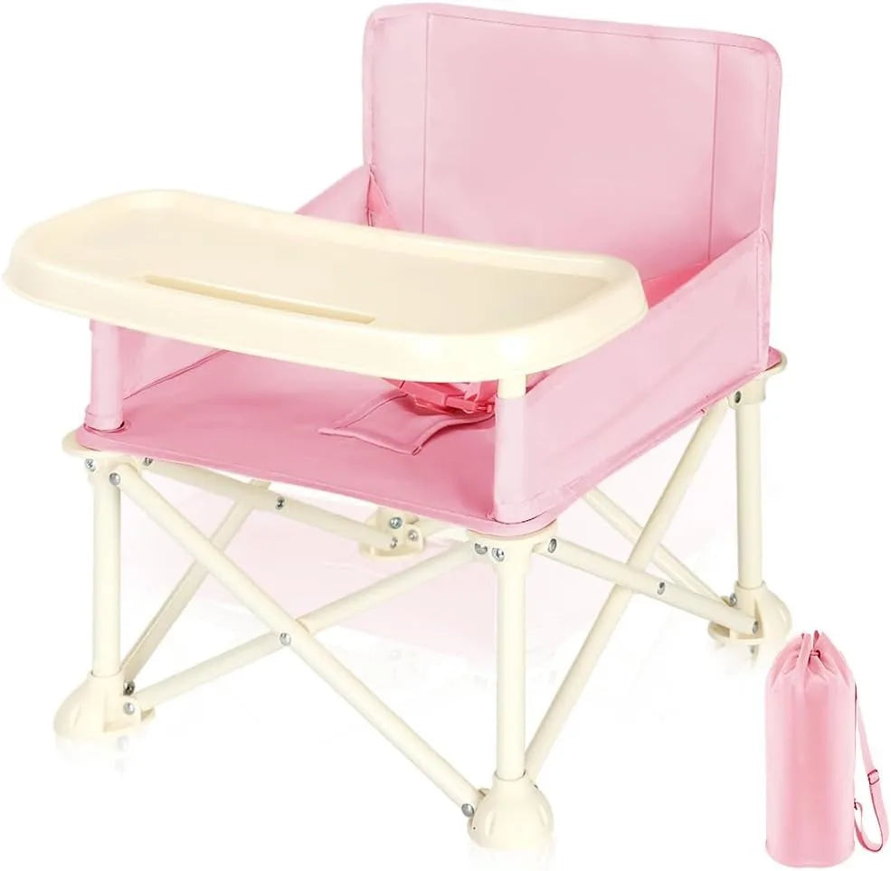 Folding baby high chair with safety belt, offering a secure and portable feeding solution.