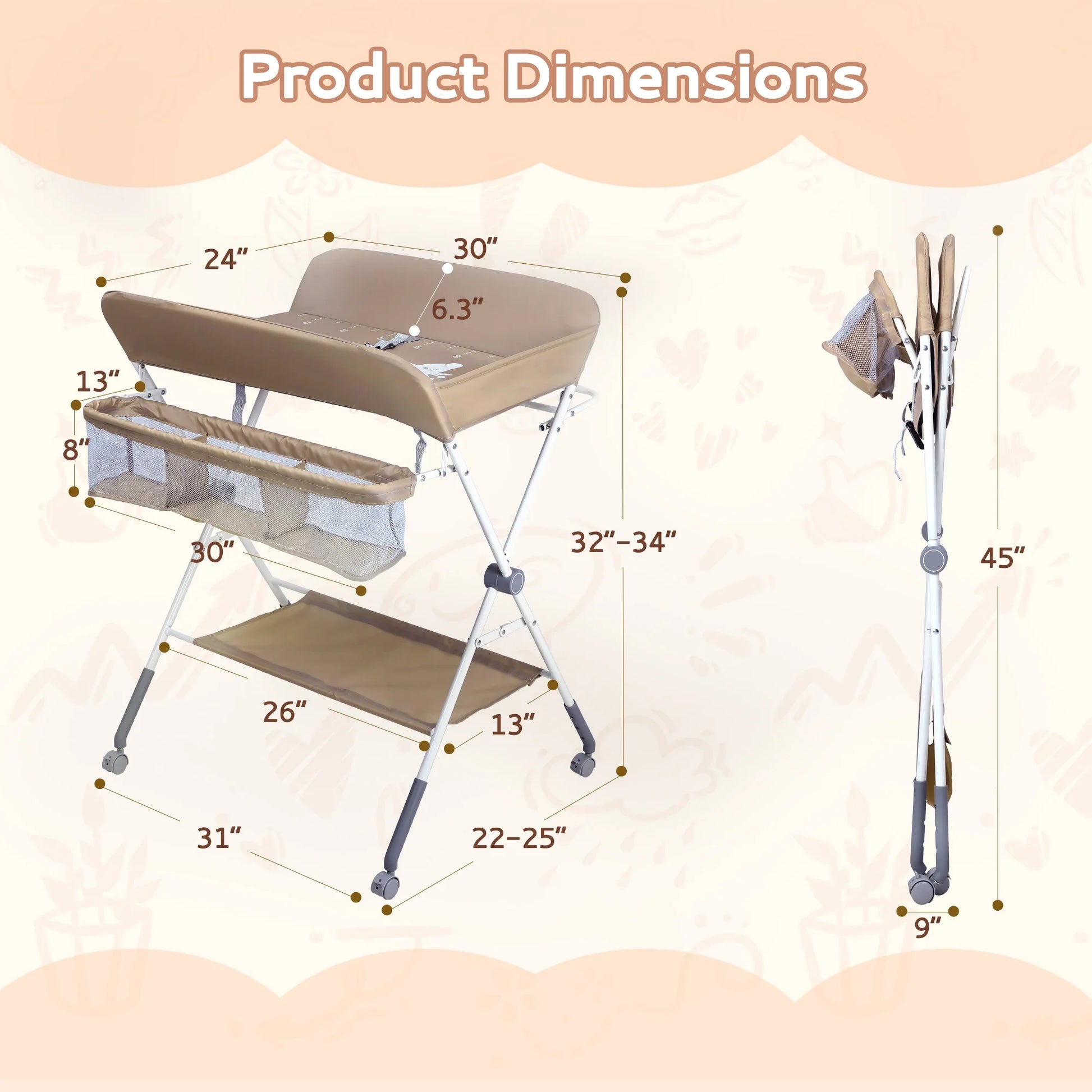 Foldable baby changing table in brown, with storage baskets, promoting ergonomic diaper changes for infants.