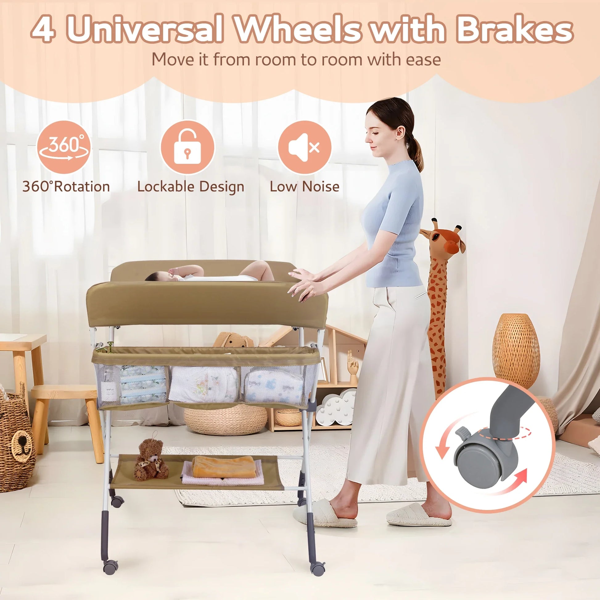 Compact portable baby changing station with wheels, storage compartments, ideal for small spaces.