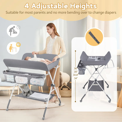 Ergonomic portable diaper changing table with storage for baby essentials, easy to move on wheels.