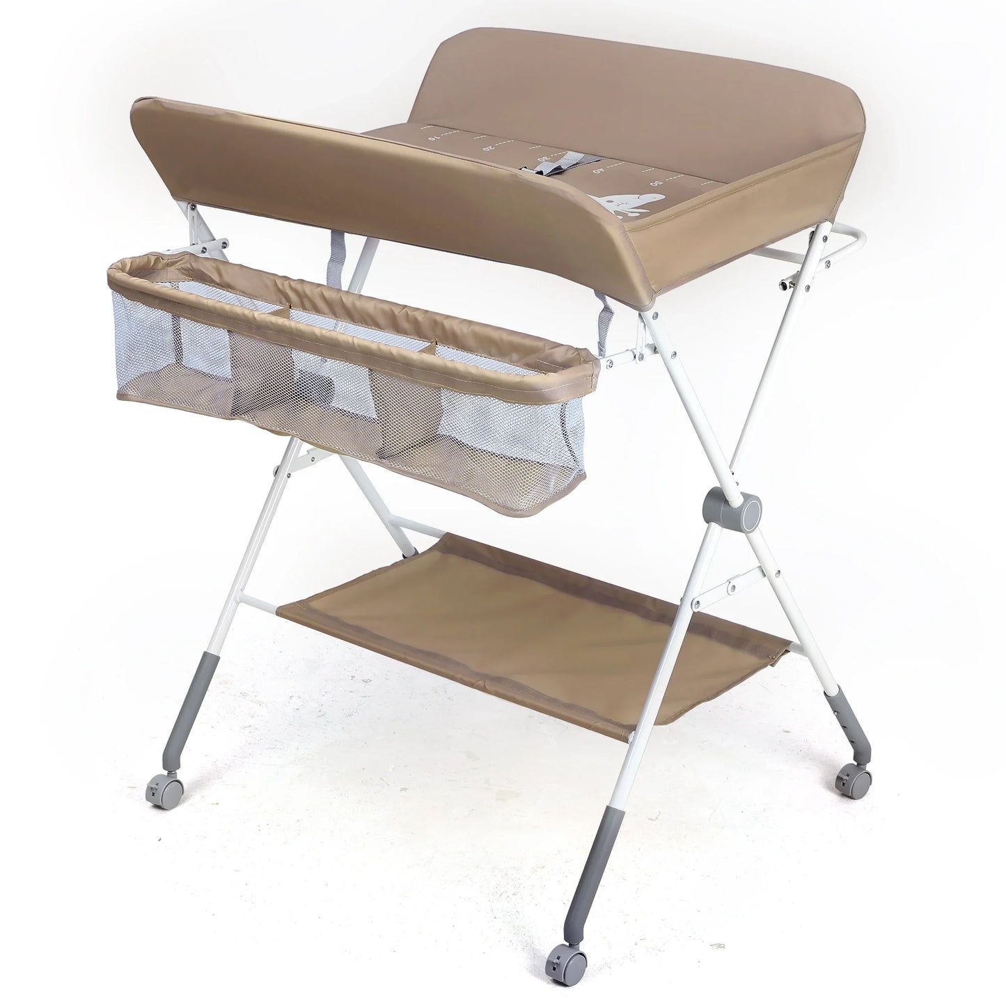 Folding baby changing station with multiple storage shelves, gray sturdy frame, and secure locking wheels.