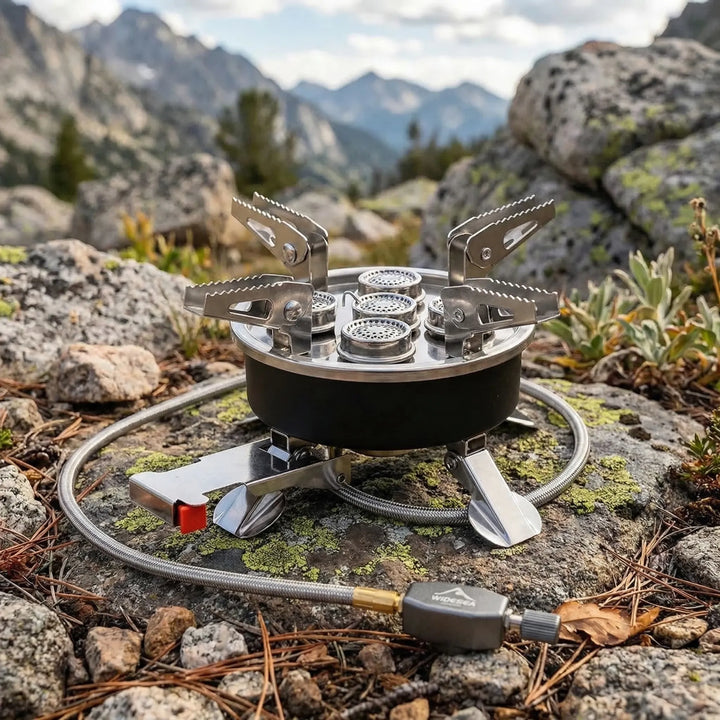 Portable high-output gas camping stove with piezo ignition, perfect for outdoor cooking & backpacking adventures.
