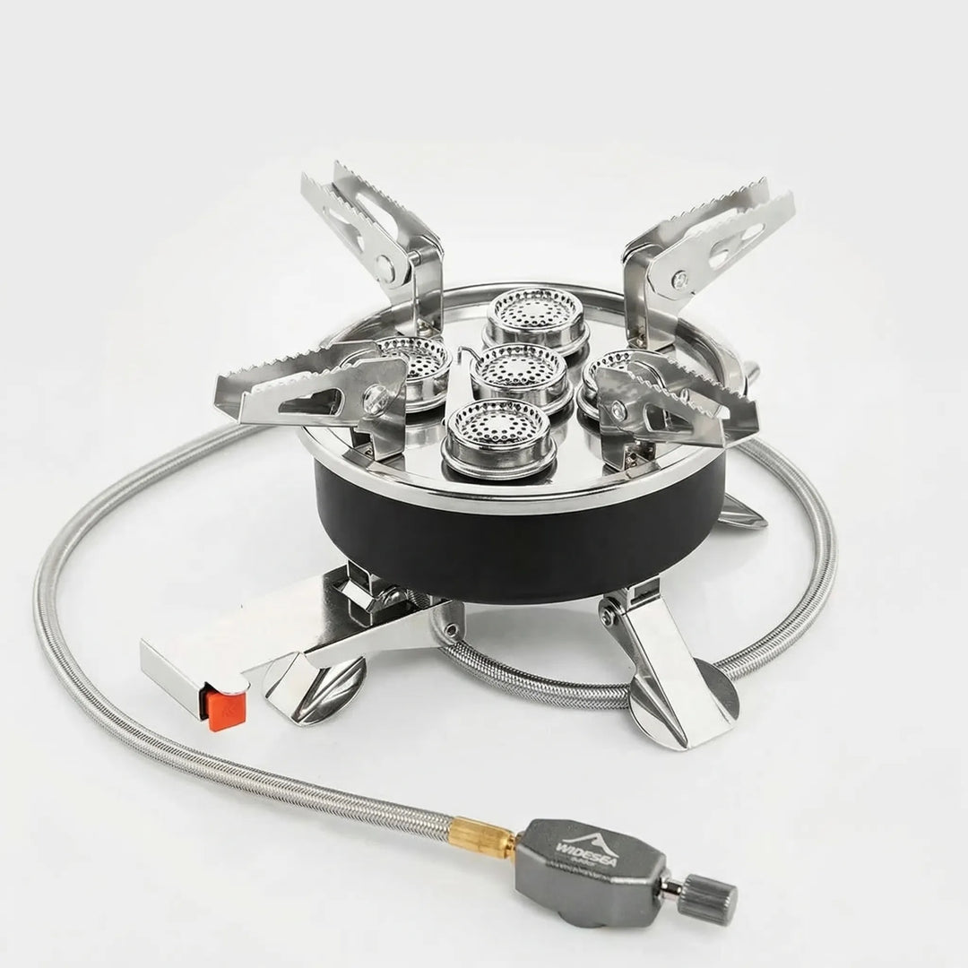 Multi-burner portable gas stove, stable design for reliable camp kitchen cooking during hiking & camping.