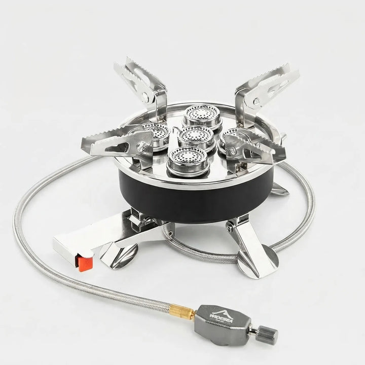 Compact gas camping stove, high-output for efficient outdoor cooking. Essential for any camp kitchen setup.