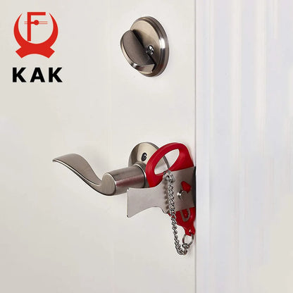 Close-up of portable door lock, keyless design, metal construction, enhanced travel safety