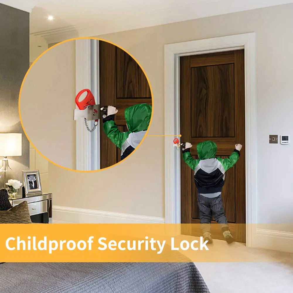 Child attempting to open door secured with portable keyless lock, ensuring baby safety