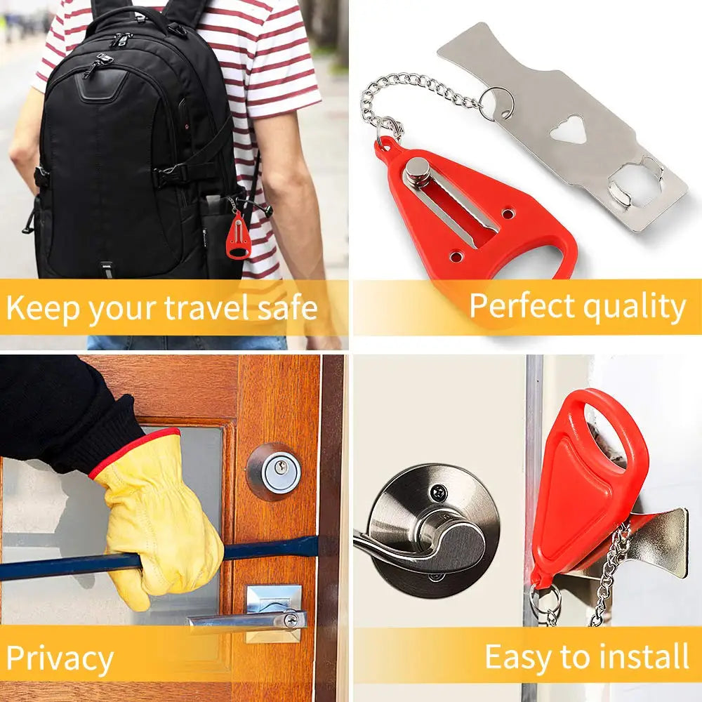 Compact portable door lock for travel, lightweight and durable, fits most doors