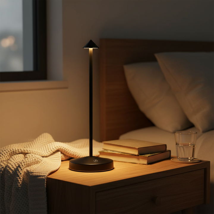 Portable LED table lamp with warm lighting for relaxing ambiance, ideal for any room.