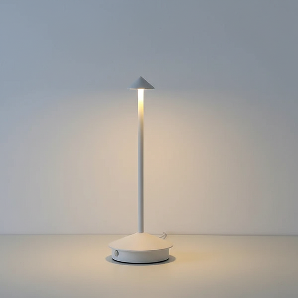 Sleek modern LED table lamp, casting warm ambient light for relaxing living room or bedroom decor.