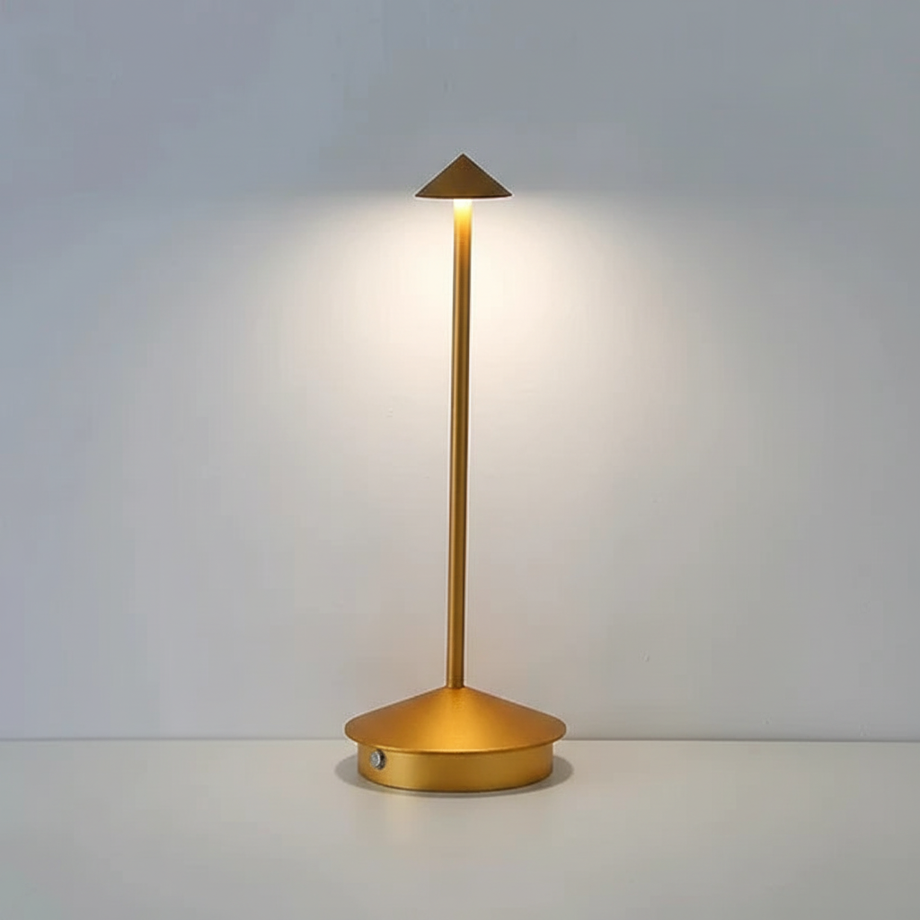 Stylish portable LED table lamp, aluminum design, providing warm light for modern home decor.