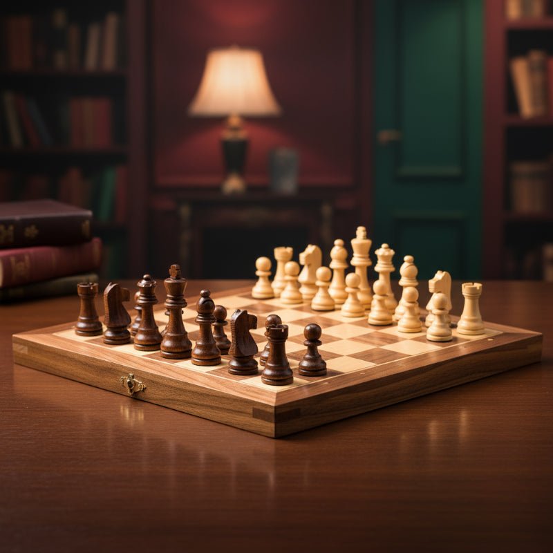 Portable magnetic wooden chess set, ideal for travel and on-the-go board game fun.