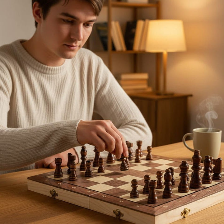 Magnetic wooden chess set, ultimate portable board game for on-the-go fun. A classic travel strategy gift.