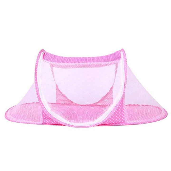 Foldable baby bed with mosquito net, ideal portable crib for newborn essentials and infant safety at home.