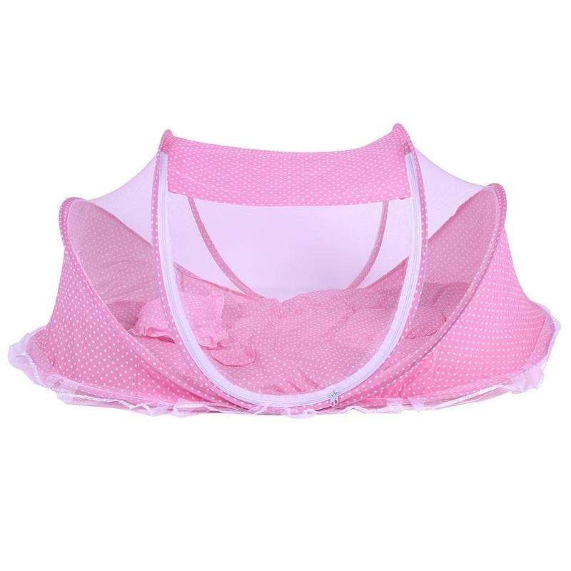 Travel crib for babies, features breathable mesh sides and compact design for easy transport and infant sleep.