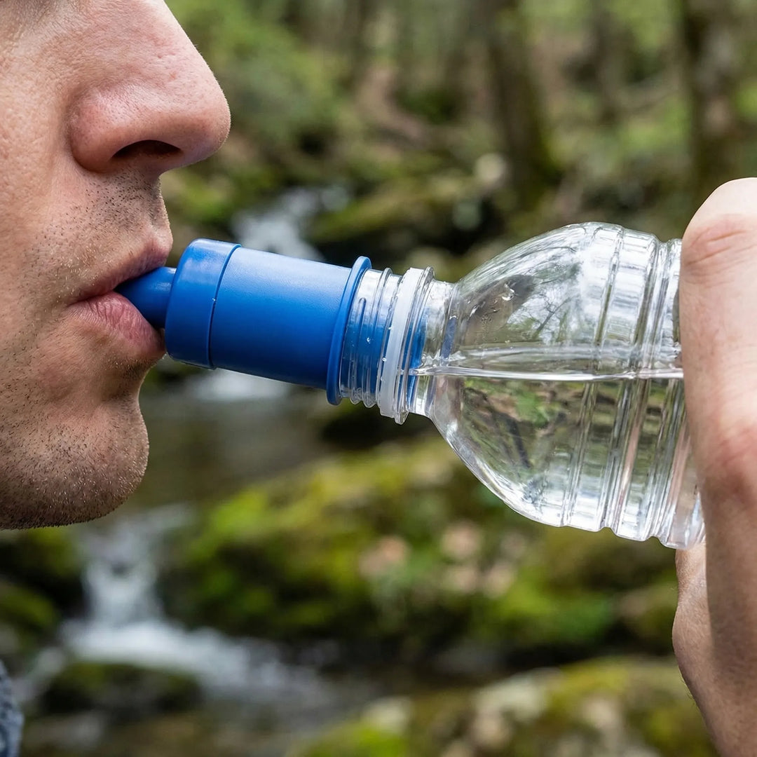 Portable outdoor water filter straw for safe drinking during camping, hiking, & travel. Essential survival gear.