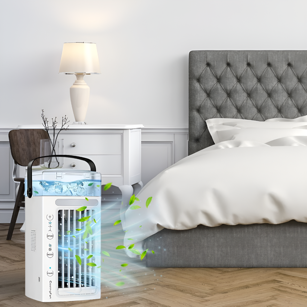 Portable personal air cooler with top handle for easy carrying. Ideal for desk, office, or outdoor summer cooling.