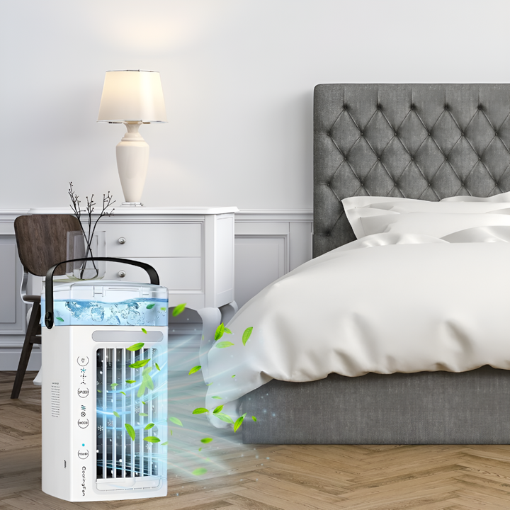 Portable personal air cooler with top handle for easy carrying. Ideal for desk, office, or outdoor summer cooling.