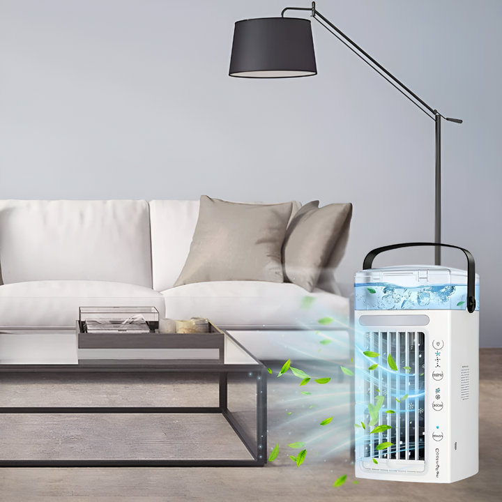Compact mini air conditioner & personal fan. Desk cooler provides cool comfort for home, office, or outdoor use.