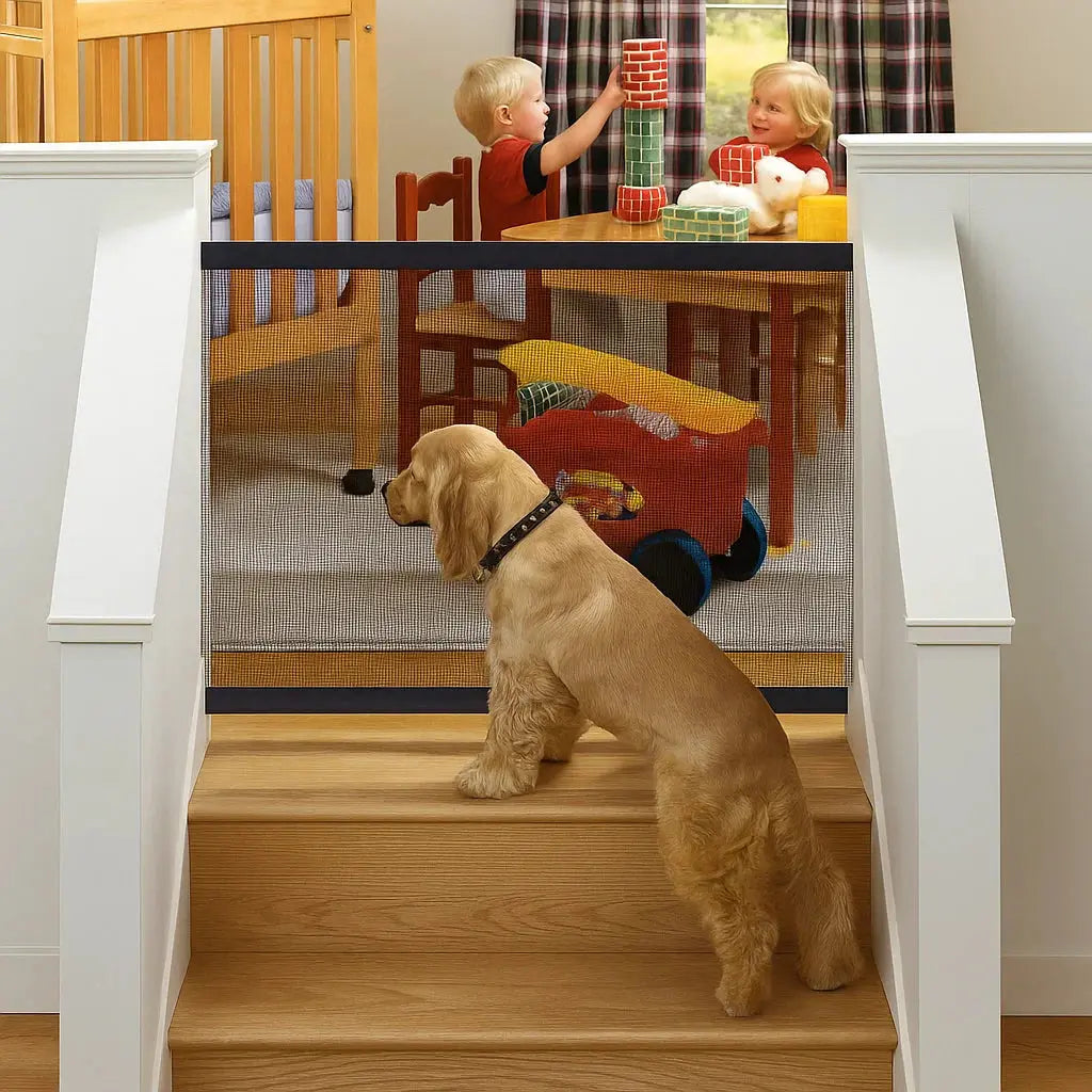 Portable pet safety gate for travel, collapsible dog & cat barrier for doorways, easy install & removal.