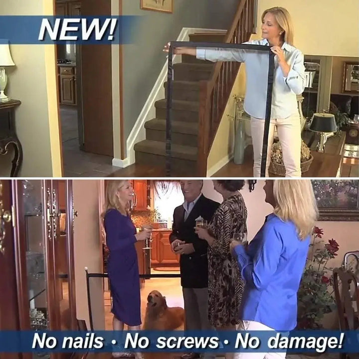 Indoor pet safety gate for home, secures doorways, flexible barrier for dogs & cats, easy installation.