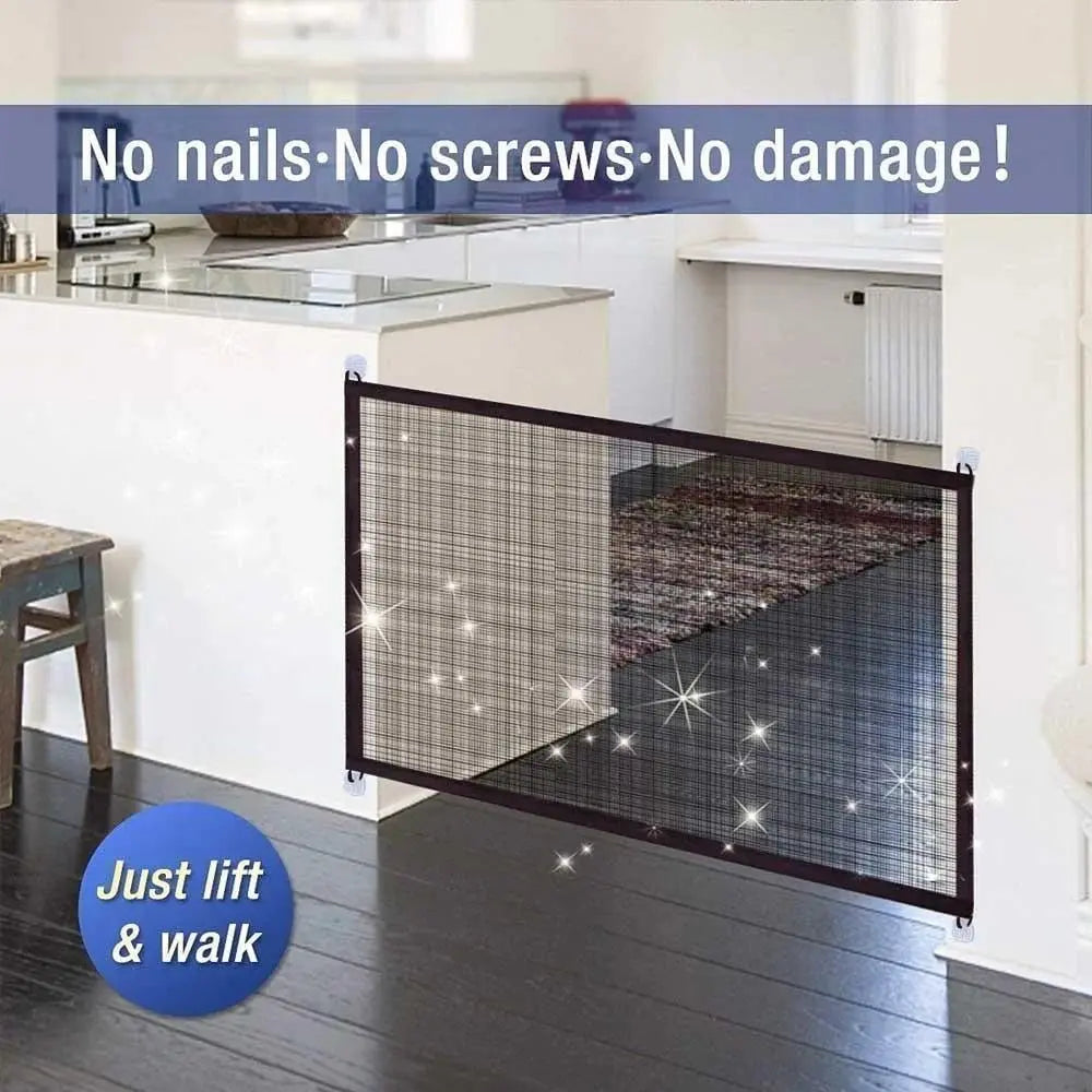 Portable cat safety gate, flexible pet barrier for doorways, easy install for indoor cat containment.