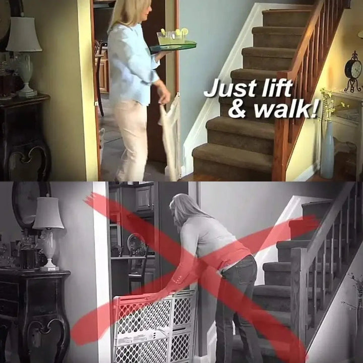 Pet safety gate installed in a doorway, portable & collapsible for home or travel, keeps pets secure.