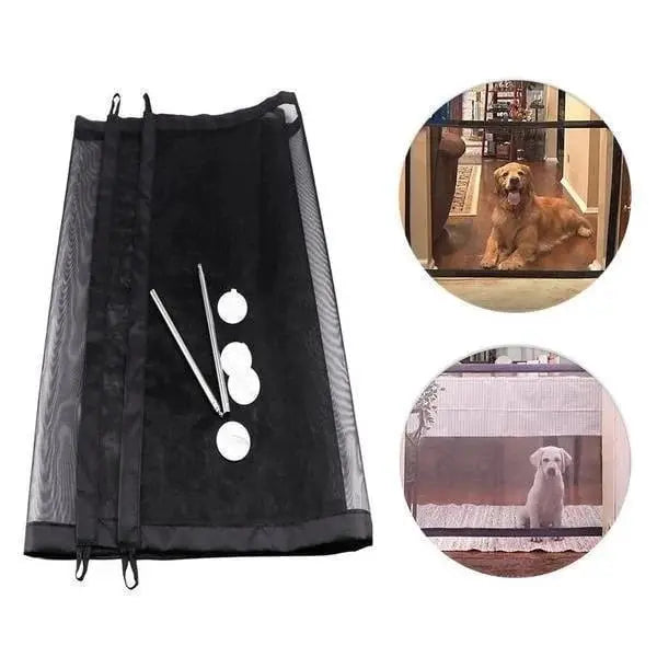 Flexible & portable pet safety gate for home doorways, collapsible dog & cat barrier for travel convenience.