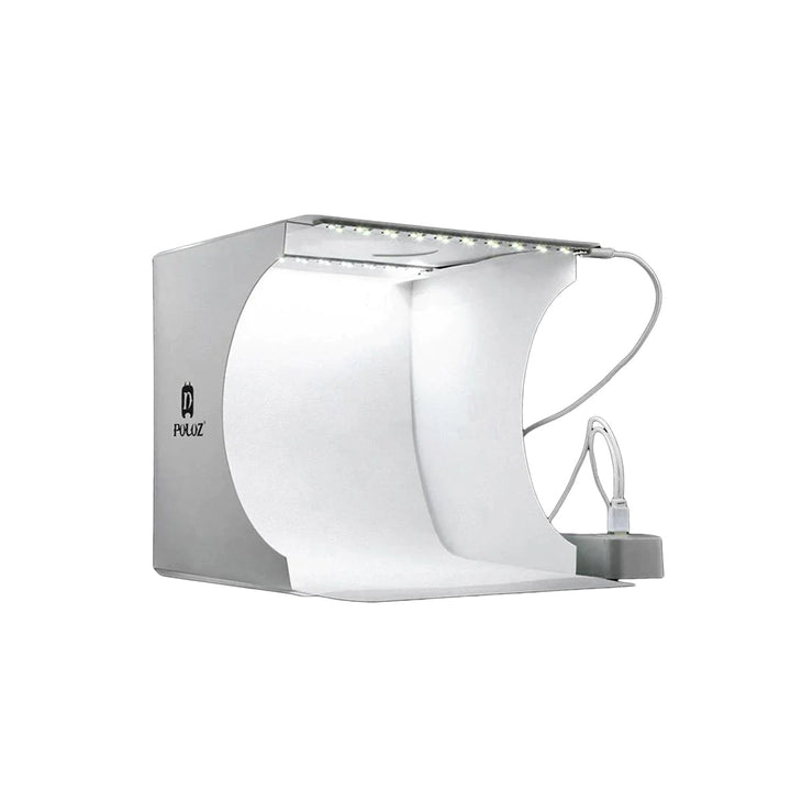 Portable photo studio box with bright LED lighting for professional product photography & e-commerce.