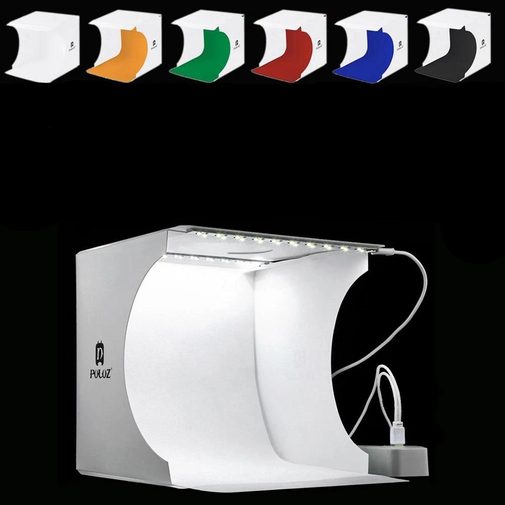 Compact portable mini photo studio with LED lights, ideal for small product photography & content creation.